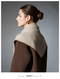 Close-up of a wool knit triangle scarf paired with a dark coffee woolen coat texture