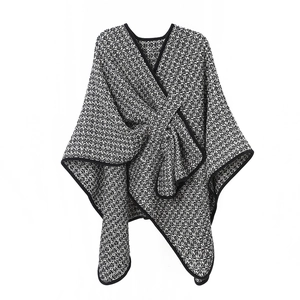 Women's black and white checkered knit poncho cape with premium thick tweed wool texture