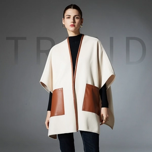 Luxury Women Leather Pocket Shawl Cape Cloak Oversized Open Front Warm Viscose Polyester Blend Winter Shawl Outerwear