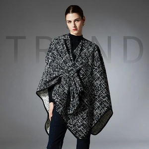 Women Autumn Winter Fashion Faux Mink Shawl Cape Black White Geometric Grid Pattern Open Front Warm Oversized Wrap