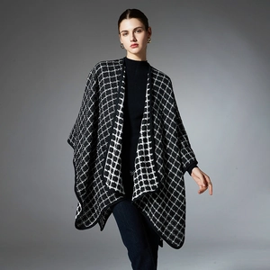 Classic black and white checkered knit shawl cape for women with elegant open front design