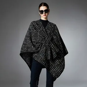 Elegant Women Christmas Tweed Poncho Shawl Cross Wrapped Butterfly Bow Sequin Glitter Warm Winter Cape Outerwear