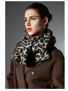 Detailed view of leopard print scarf paired with a premium dark brown wool coat