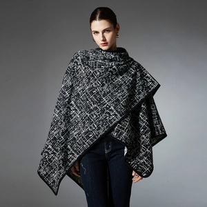 Elegant black and white faux mink plaid shawl wrap for women with thick knit texture