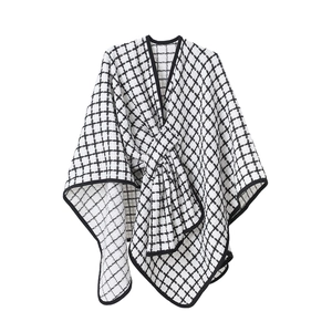 Women's classic black and white plaid knit shawl wrap with elegant front knot detail