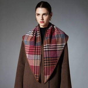 Plaid 100% wool triangle shawl scarf for women in vibrant autumn multicolor check pattern