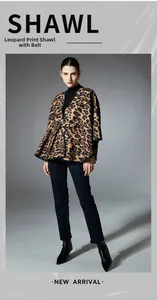 Elegant women's leopard print long shawl with matching belt and soft texture fabric