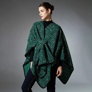 Elegant dark green tweed shawl wrap with metallic fibers and black trim for winter style