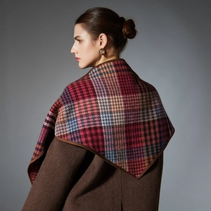 Classic houndstooth plaid 100% wool triangle shawl with leather trim in wine red and brown