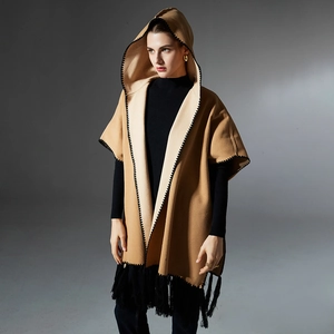 Elegant camel hooded poncho with black fringe trim and embroidery for women in winter
