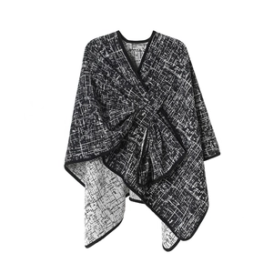 Women's black and white grid faux mink shawl cardigan with elegant geometric pattern