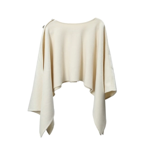 Elegant cream-white knitted shawl cape with vintage button details for autumn and winter wear