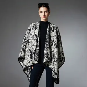 Women Nordic Style Oversized Knit Shawl Poncho Ink Wash Abstract Pattern Warm Cape Wrap Cardigan Outwear Open Front