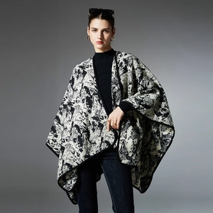 Elegant black and white ink wash knit shawl cloak with premium mink feel for women