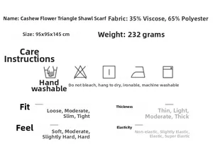 Detailed size chart and fabric care for paisley triangle shawl 35% viscose 65% polyester