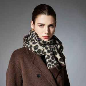 Elegant leopard print scarf in green and beige paired with a brown tweed winter coat