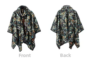 Front and back view of a black paisley printed hooded shawl with ethnic patterns