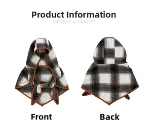 Front and back views of a hooded plaid poncho wrap in thick wool blend fabric