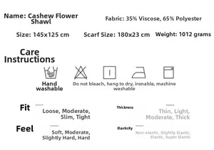 Detailed technical chart showing paisley scarf material composition and care instructions