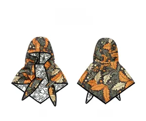 Detailed front and back views of hooded shawl featuring reversible botanical leaf prints