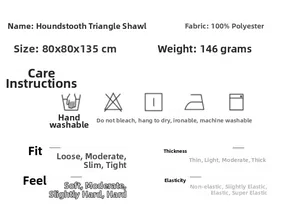 Spécifications de l'écharpe triangle pied-de-poule, 100% polyester, taille 80x80x135cm