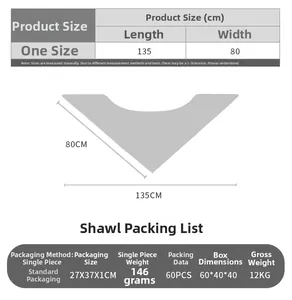 Guide des tailles détaillé pour châle triangle à carreaux marron, dimensions 135x80cm