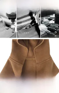 Detailed view of caramel brown Balaclava scarf hood with premium edge stitching