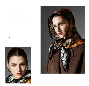 Close-up of vintage floral silk headscarf with jacquard patterns and elegant hem detail