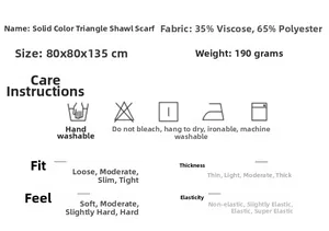 Detailed size and material chart for solid color triangle shawl scarf in 80x80x135cm
