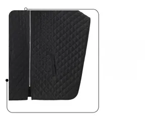 Detail of black quilted poncho with diamond stitching and silver metal zipper closure