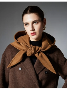 Detail of wool texture on brown balaclava hood and wool coat with minimal buttons