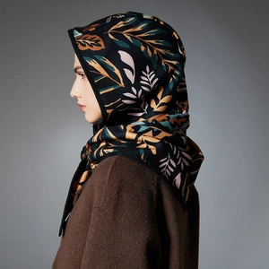 French style paisley balaclava scarf with vintage pattern in gold and teal on black knit