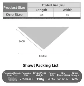 Size chart for triangular shawl scarf showing dimensions 135cm length and 80cm width