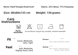 Detailed specifications table for plaid triangle shawl with wool blend fabric info