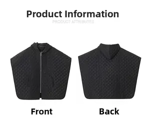 Detailed front and back views of a black quilted hooded poncho with zipper closure