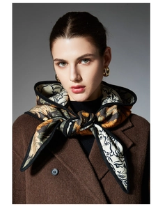 Detail of French jacquard scarf with floral and tiger motifs styled on brown wool coat