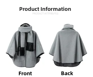Gray woolen poncho with fringe scarf and black zigzag stitching, front and back views