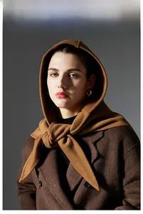 Close-up of ginger yellow hooded scarf tied over a dark brown wool coat collar