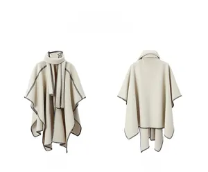 Front and back view of beige women's cape with black whipstitch details and thick texture