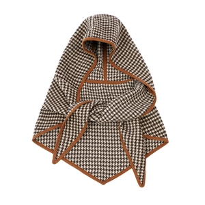 Cape élégante à capuche avec motif pied-de-poule marron et beige pour l'hiver