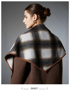 Detail of wool plaid shawl showing brown hem and textured fabric on model back