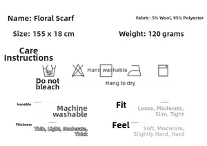 Detailed size chart and material specs for the wool blend knit scarf 155x18cm