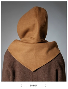 Back view of a camel and brown hooded shawl scarf with thick wool-like texture