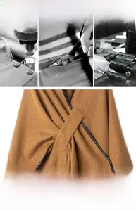 Detailed view of caramel poncho showing premium twill fabric and black leather piping edges