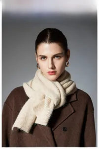 Detailed texture of beige wool knit scarf featuring premium plush ribbed weave fabric
