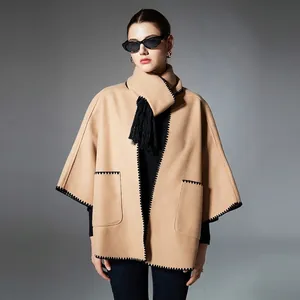 Women Casual Winter Scarf Jacket Poncho With Pockets Tassel Scalloped Trim Solid Color Whipstitch Thick Cape Outwear