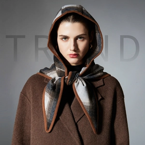 Vintage Plaid Hooded Scarf For Women Wool Warm Balaclava Cloak Shawl Wrap For Winter Autumn Outdoor Fashion Accessory