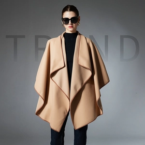 Women's Fashion Camel Solid Color Shawl Poncho With Contrast Piping Winter Warm Elegant Large Wrap Cape