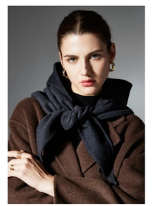 Close-up of deep brown wool coat with thick grey scarf and gold circular earrings