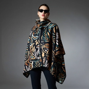 Women's paisley turtle-neck shawl with ethnic floral print in black and brown tones